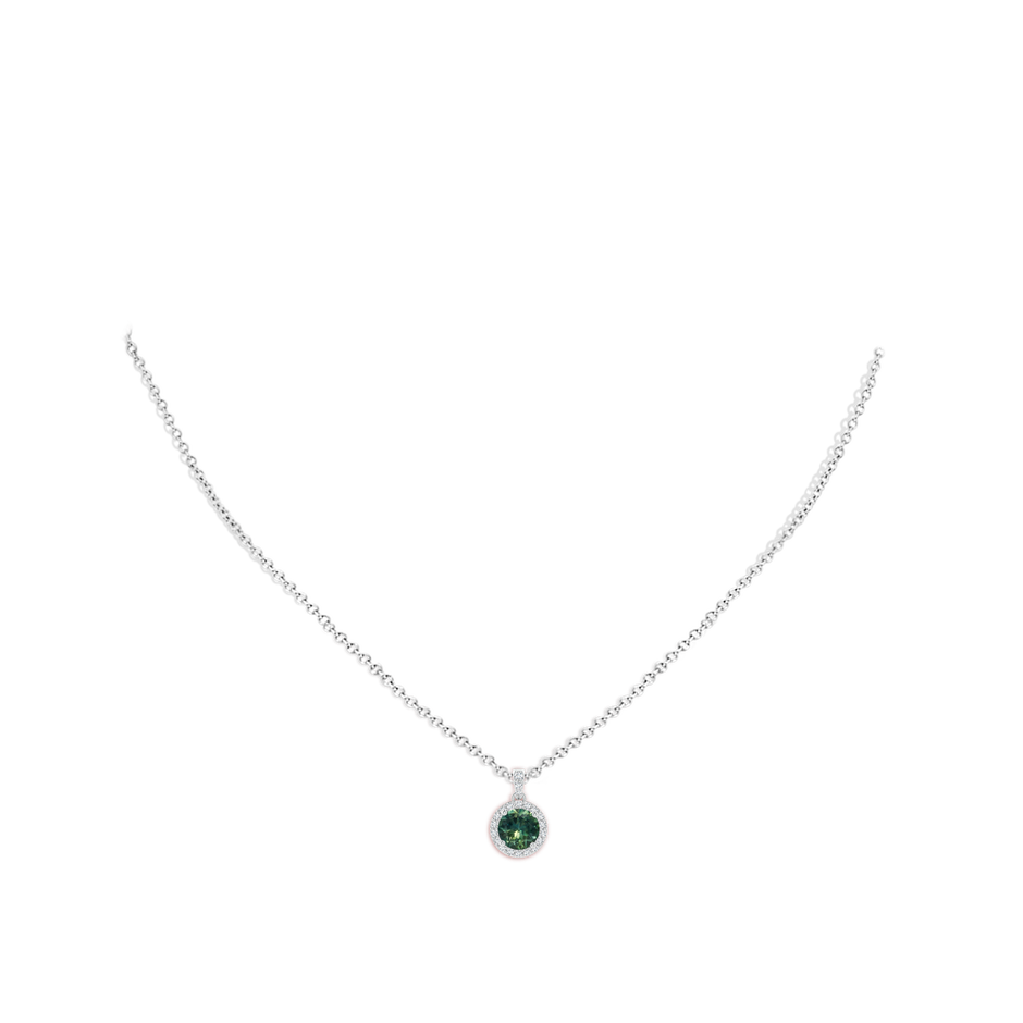 6mm AA Round Teal Montana Sapphire Dangle Pendant with Diamond Halo in White Gold body-neck