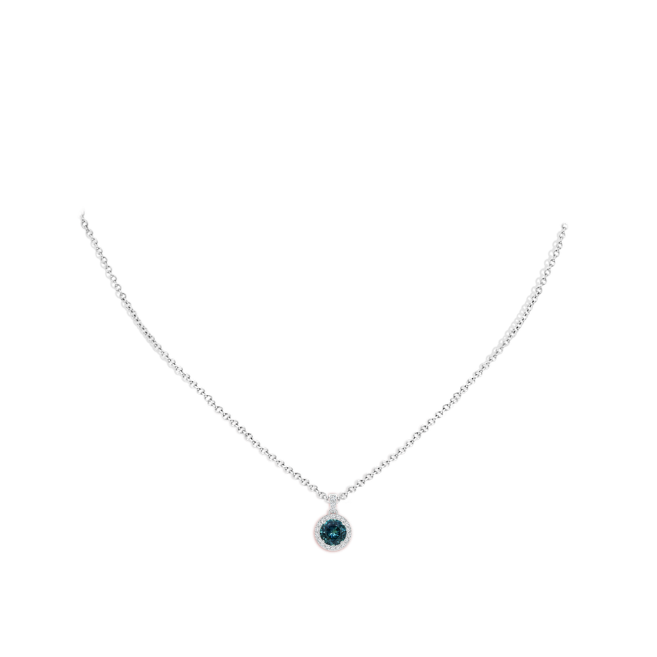 6mm AAA Round Teal Montana Sapphire Dangle Pendant with Diamond Halo in White Gold body-neck