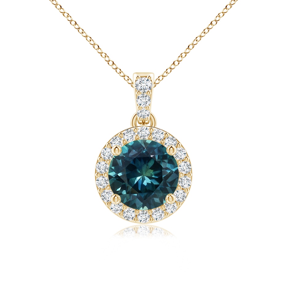 6mm AAA Round Teal Montana Sapphire Dangle Pendant with Diamond Halo in Yellow Gold 