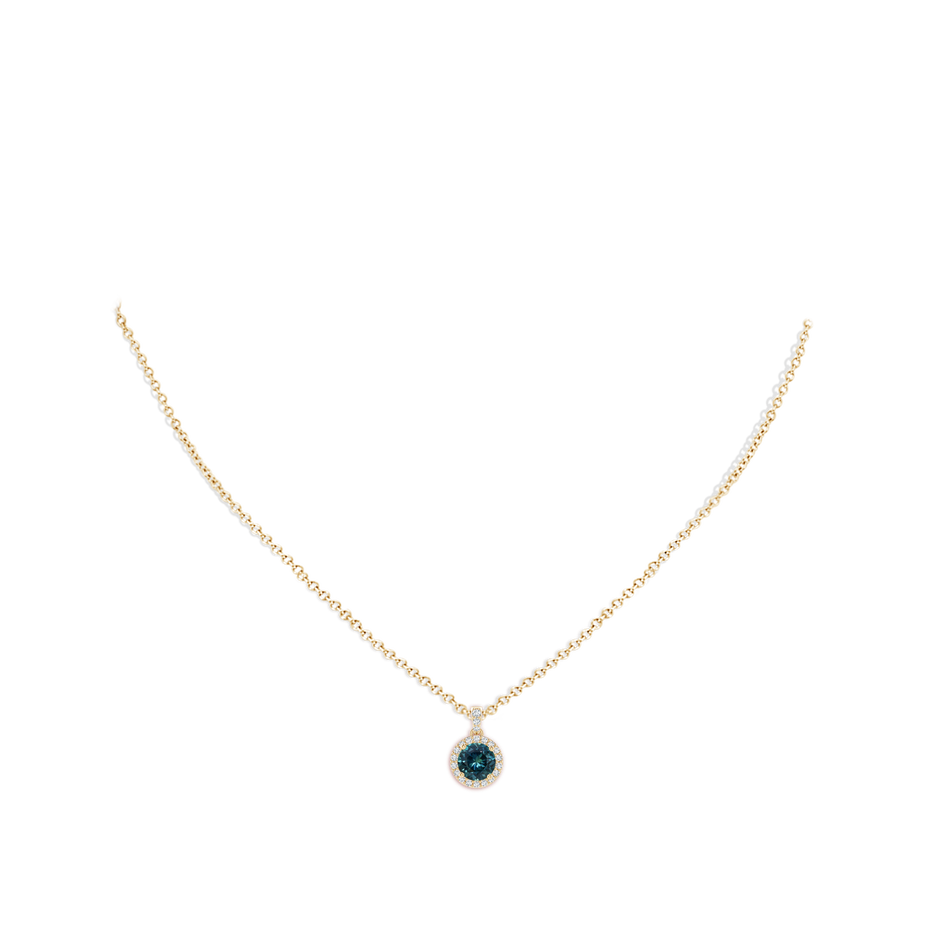 6mm AAA Round Teal Montana Sapphire Dangle Pendant with Diamond Halo in Yellow Gold body-neck