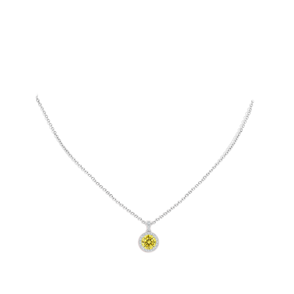 7mm AAAA Round Fancy Intense Yellow Diamond Dangle Pendant with Halo in White Gold pen