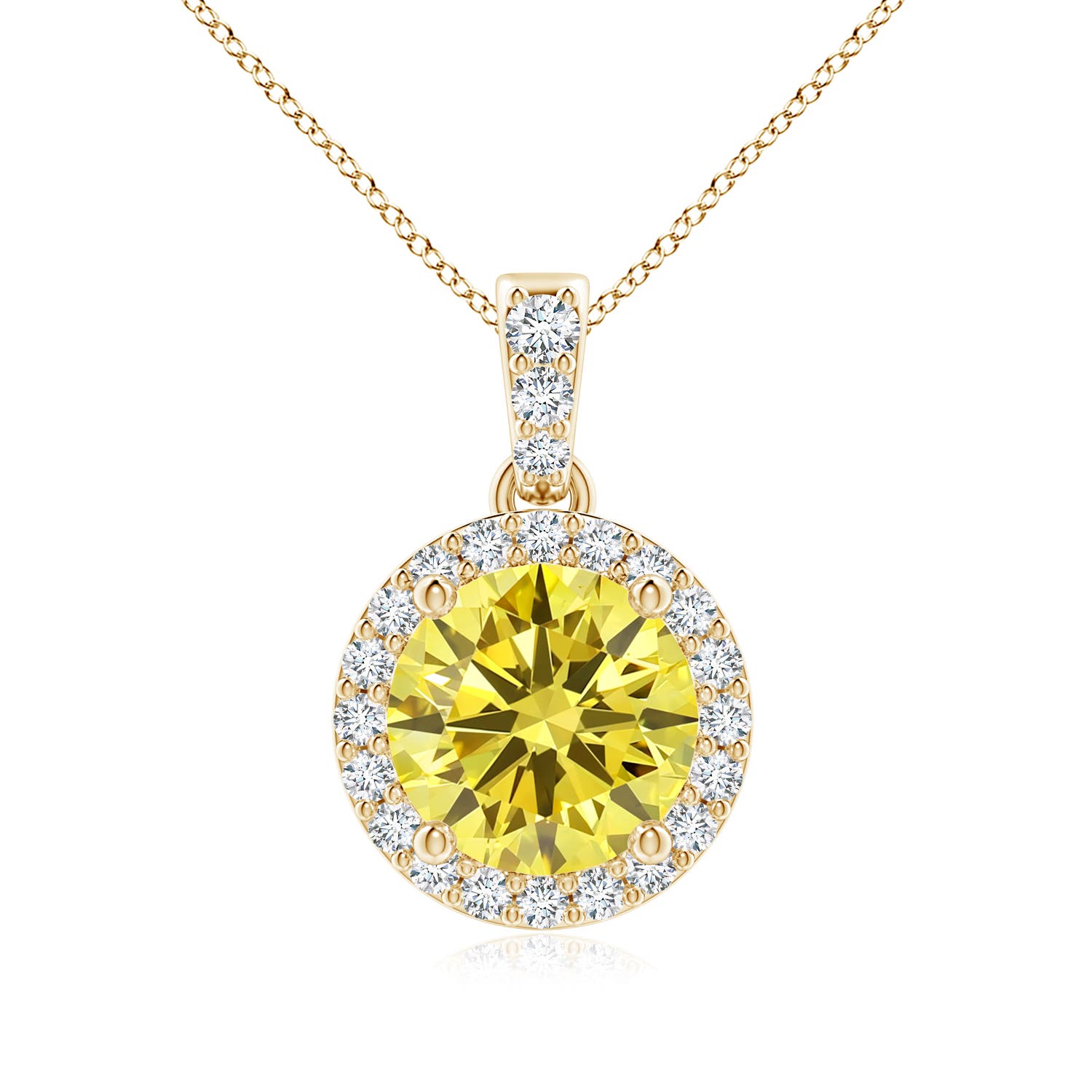 Angara 1.46 CTW Round Fancy Intense Yellow Diamond Dangle Pendant with Halo in 14K Yellow Gold