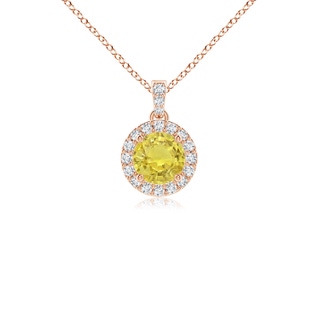 4mm AA Round Yellow Sapphire Dangle Pendant with Diamond Halo in 9K Rose Gold