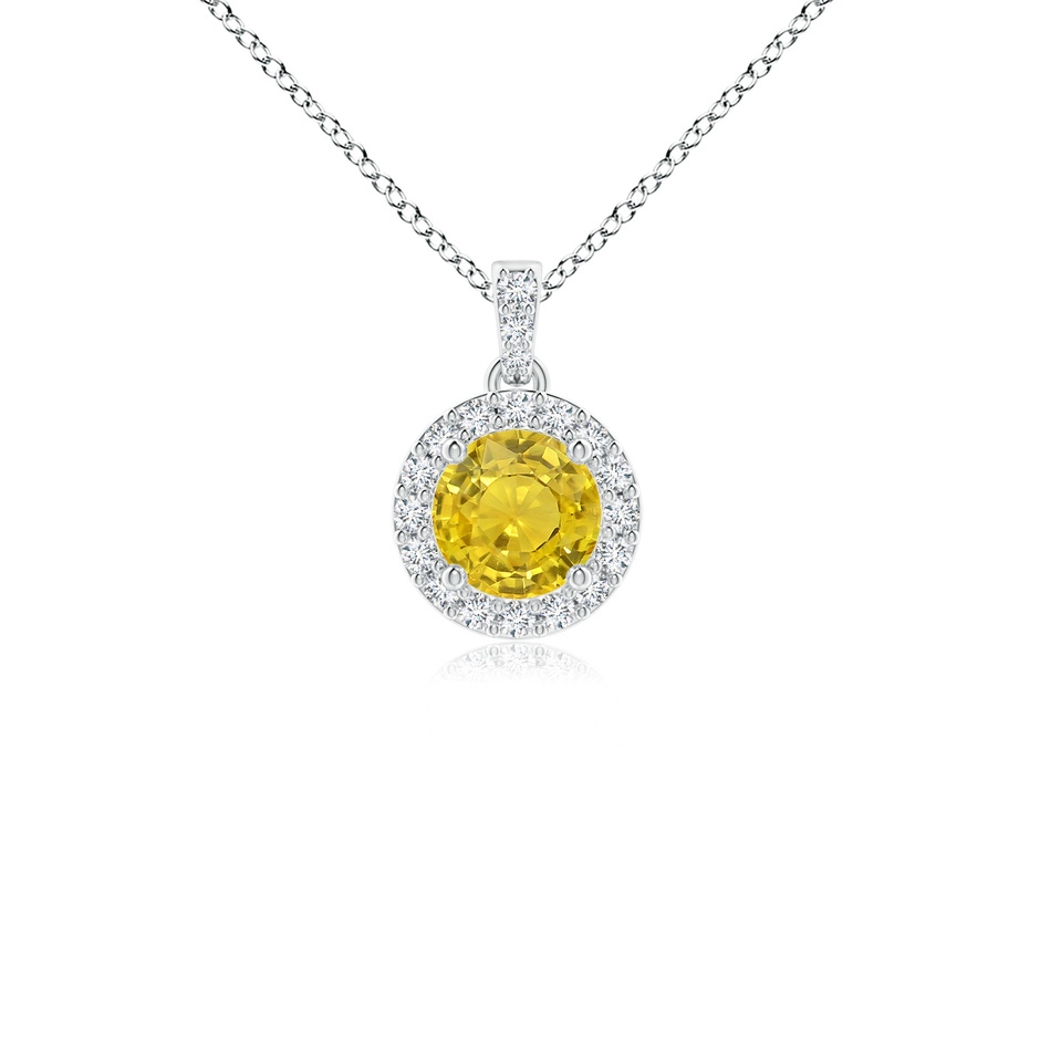 4mm AAA Round Yellow Sapphire Dangle Pendant with Diamond Halo in 9K White Gold 