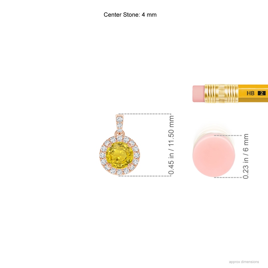 4mm AAA Round Yellow Sapphire Dangle Pendant with Diamond Halo in Rose Gold ruler