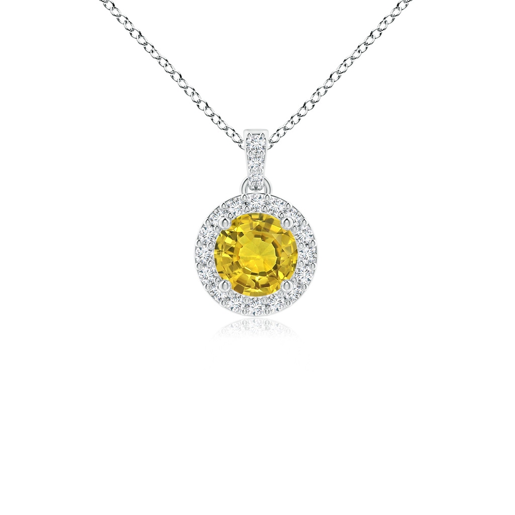 4mm AAAA Round Yellow Sapphire Dangle Pendant with Diamond Halo in White Gold