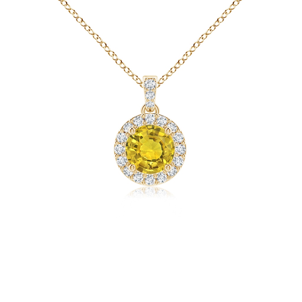 4mm AAAA Round Yellow Sapphire Dangle Pendant with Diamond Halo in Yellow Gold