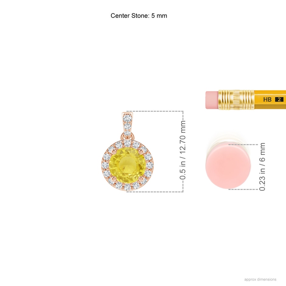 5mm A Round Yellow Sapphire Dangle Pendant with Diamond Halo in Rose Gold ruler