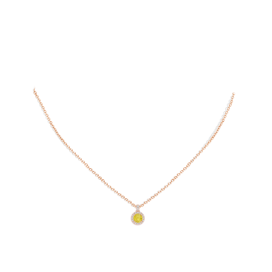 5mm A Round Yellow Sapphire Dangle Pendant with Diamond Halo in Rose Gold pen
