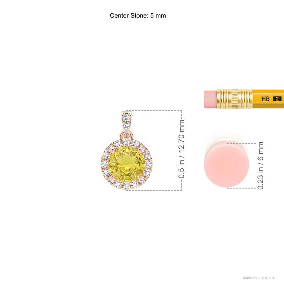 5mm AA Round Yellow Sapphire Dangle Pendant with Diamond Halo in Rose Gold ruler