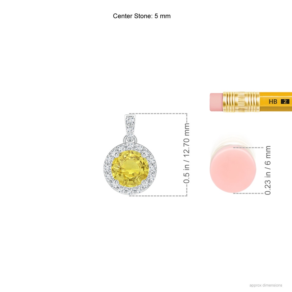 5mm AA Round Yellow Sapphire Dangle Pendant with Diamond Halo in White Gold ruler