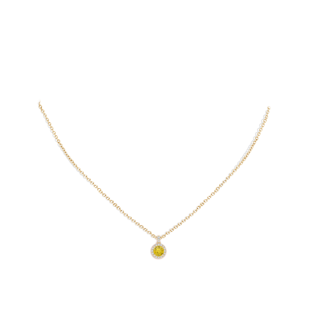 5mm AAA Round Yellow Sapphire Dangle Pendant with Diamond Halo in Yellow Gold pen