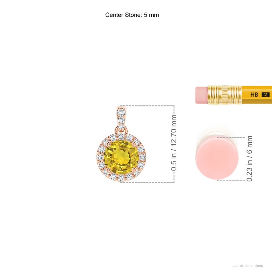 5mm AAAA Round Yellow Sapphire Dangle Pendant with Diamond Halo in Rose Gold ruler