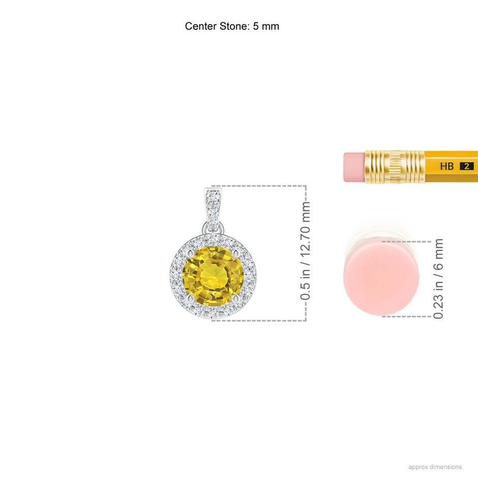 5mm AAAA Round Yellow Sapphire Dangle Pendant with Diamond Halo in White Gold ruler