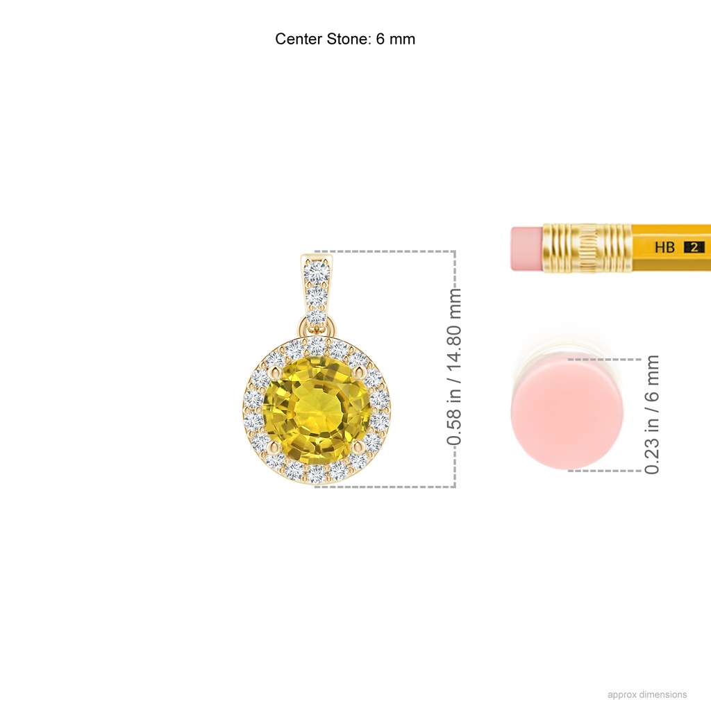 6mm AAAA Round Yellow Sapphire Dangle Pendant with Diamond Halo in Yellow Gold ruler