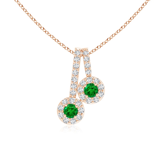 2.3mm AAAA Prong-Set Two Stone Emerald Halo Pendant in Rose Gold 