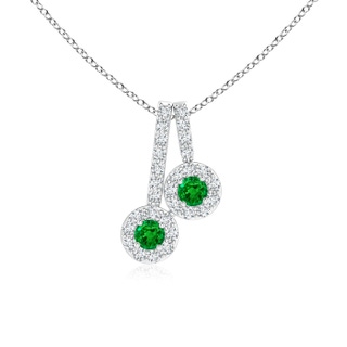 2.3mm AAAA Prong-Set Two Stone Emerald Halo Pendant in White Gold