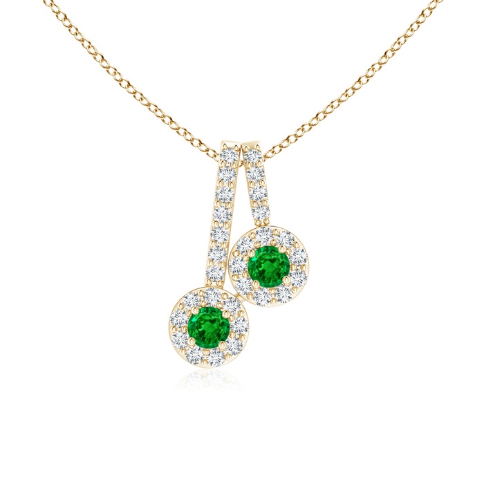 2.3mm AAAA Prong-Set Two Stone Emerald Halo Pendant in Yellow Gold 