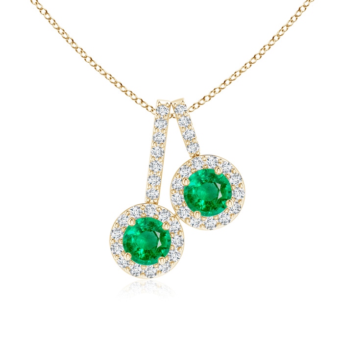 3.7mm AAA Prong-Set Two Stone Emerald Halo Pendant in Yellow Gold
