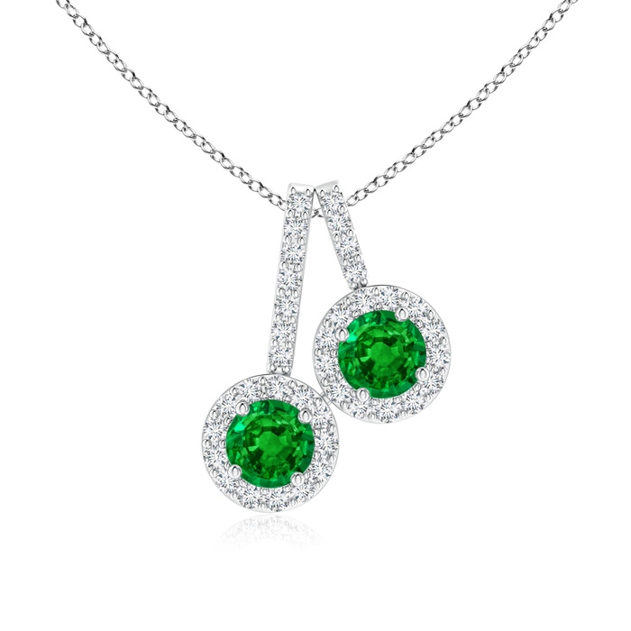 3.7mm AAAA Prong-Set Two Stone Emerald Halo Pendant in White Gold 