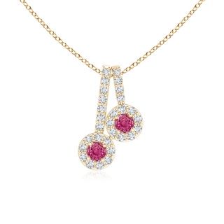 2.3mm AAAA Prong-Set Two Stone Pink Sapphire Halo Pendant in Yellow Gold
