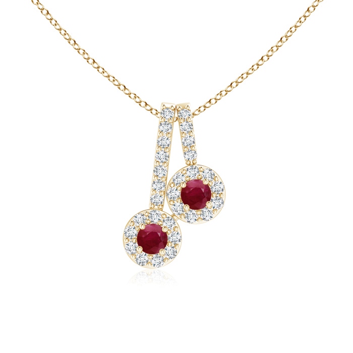 2.3mm A Prong-Set Two Stone Ruby Halo Pendant in Yellow Gold 