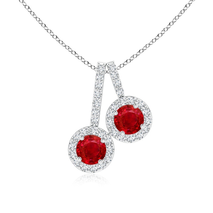 3.7mm AAA Prong-Set Two Stone Ruby Halo Pendant in White Gold 