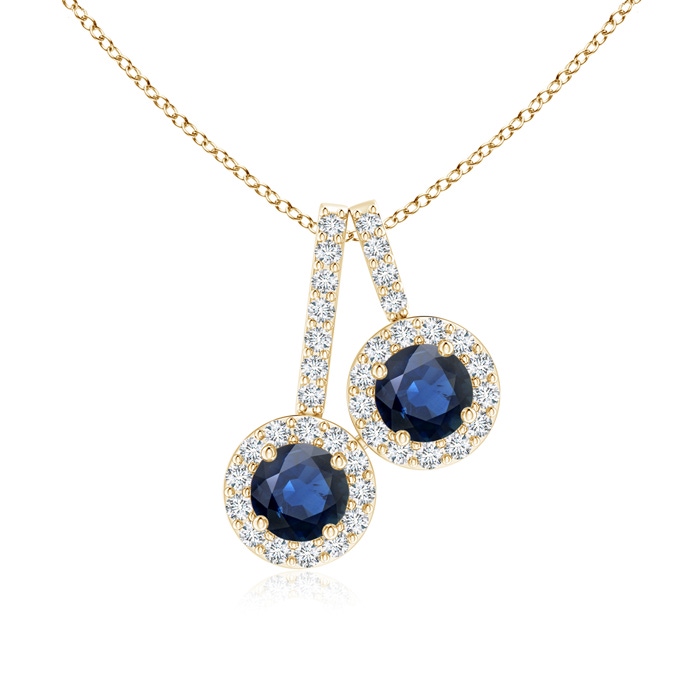 3.7mm AA Prong-Set Two Stone Blue Sapphire Halo Pendant in Yellow Gold 