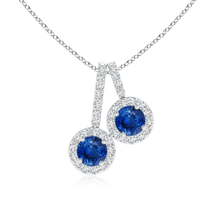 3.7mm AAA Prong-Set Two Stone Blue Sapphire Halo Pendant in White Gold