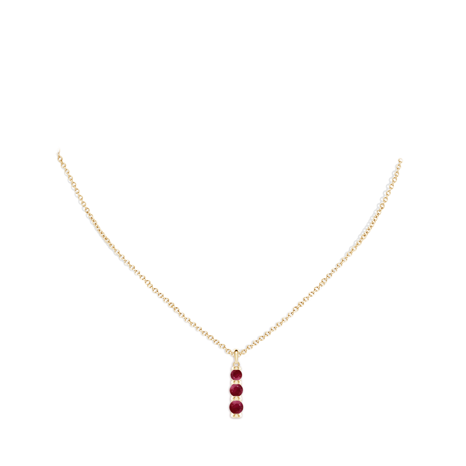 5mm A Three Stone Round Ruby Journey Pendant in Yellow Gold pen