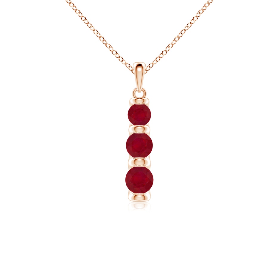 5mm AA Three Stone Round Ruby Journey Pendant in Rose Gold 