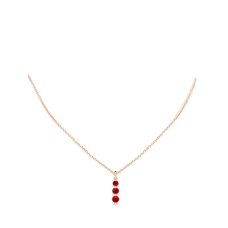 5mm AAA Three Stone Round Ruby Journey Pendant in Rose Gold pen