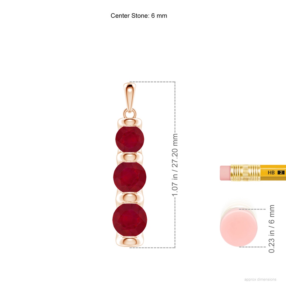 6mm AA Three Stone Round Ruby Journey Pendant in Rose Gold ruler