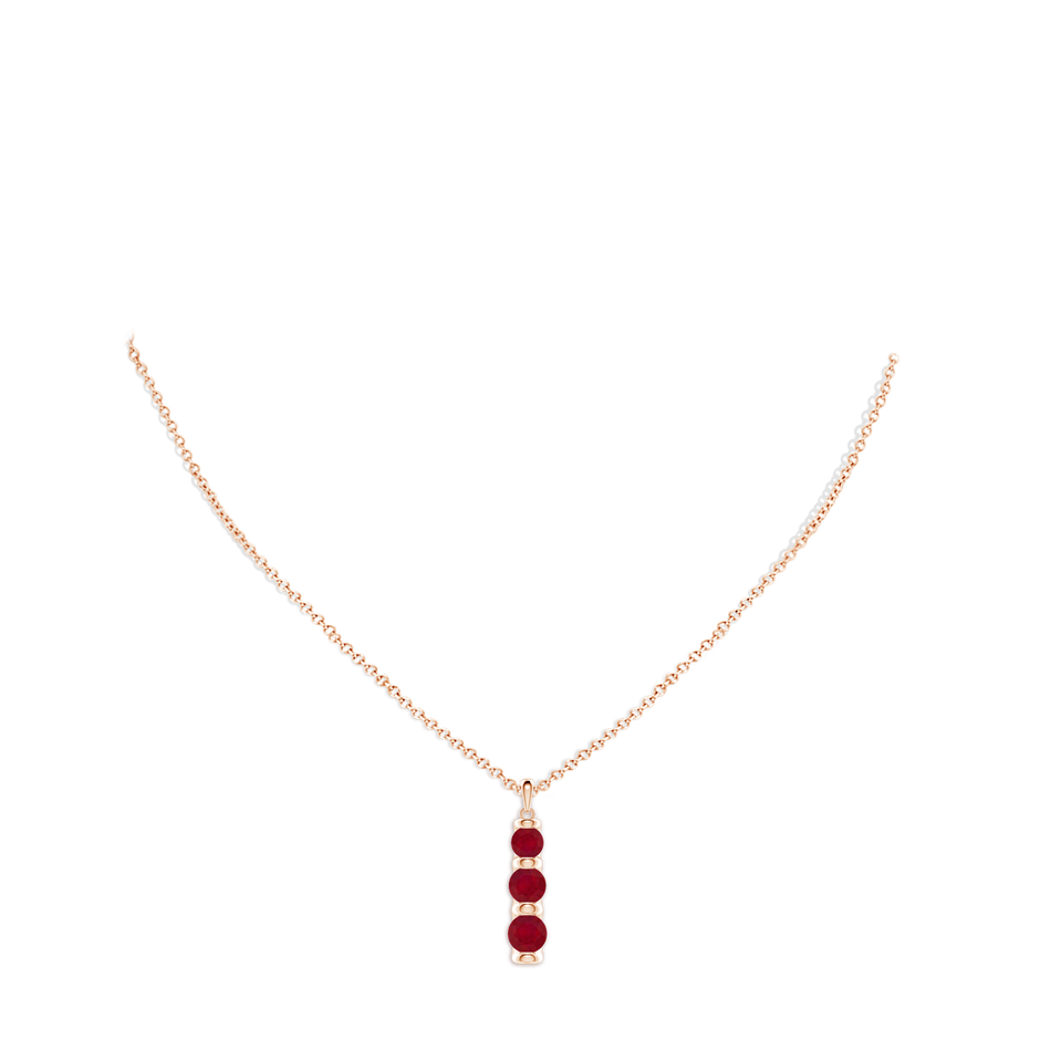 6mm AA Three Stone Round Ruby Journey Pendant in Rose Gold pen