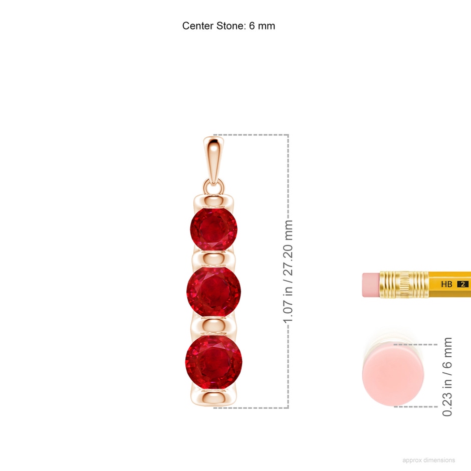 6mm AAA Three Stone Round Ruby Journey Pendant in Rose Gold ruler