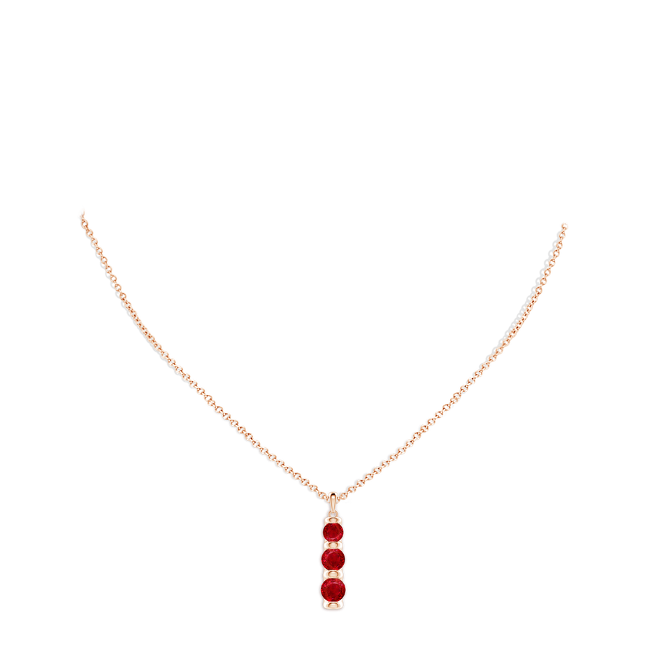 6mm AAA Three Stone Round Ruby Journey Pendant in Rose Gold pen