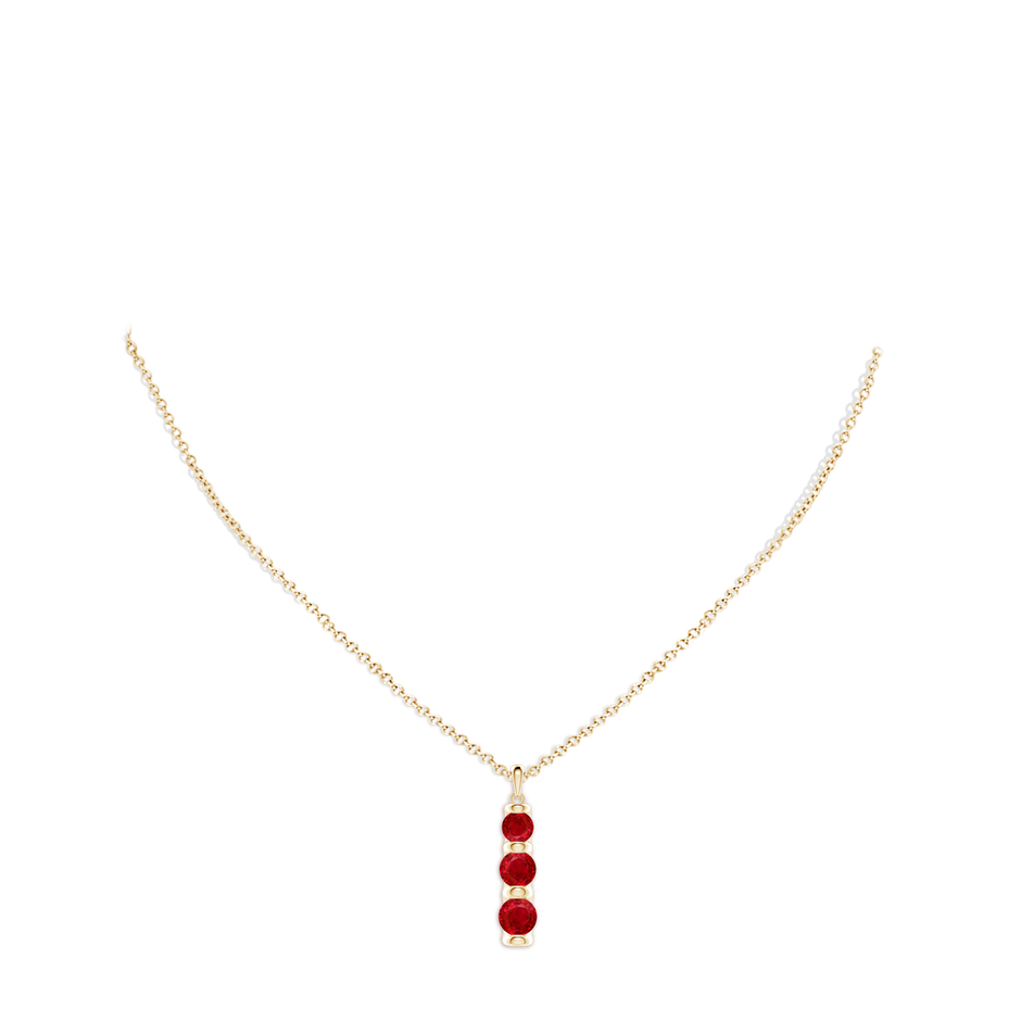 6mm AAA Three Stone Round Ruby Journey Pendant in Yellow Gold pen