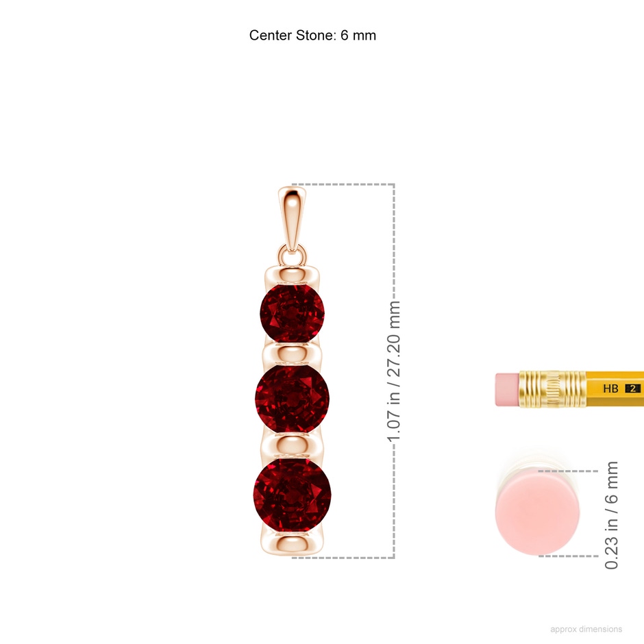 6mm AAAA Three Stone Round Ruby Journey Pendant in 18K Rose Gold ruler