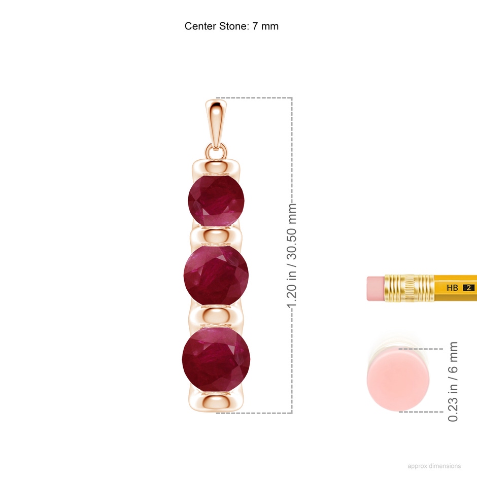 7mm A Three Stone Round Ruby Journey Pendant in 18K Rose Gold ruler