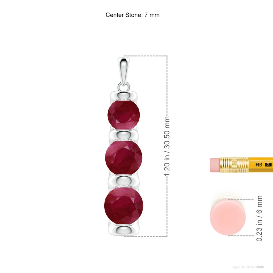 7mm A Three Stone Round Ruby Journey Pendant in White Gold ruler