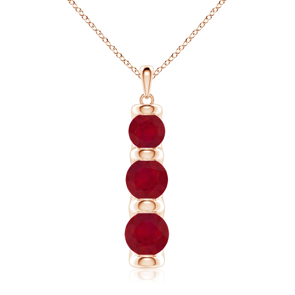 7mm AA Three Stone Round Ruby Journey Pendant in Rose Gold 