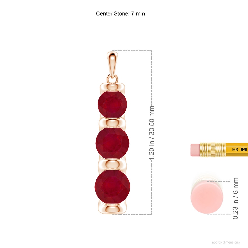 7mm AA Three Stone Round Ruby Journey Pendant in Rose Gold ruler