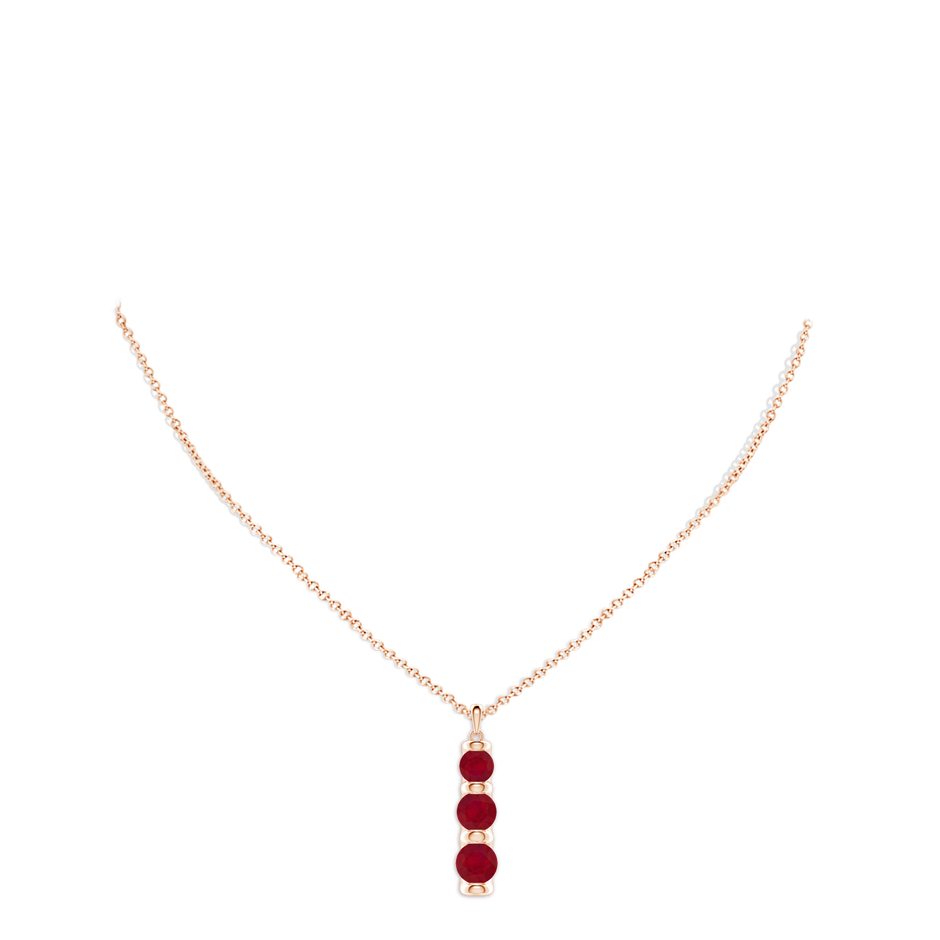 7mm AA Three Stone Round Ruby Journey Pendant in Rose Gold pen