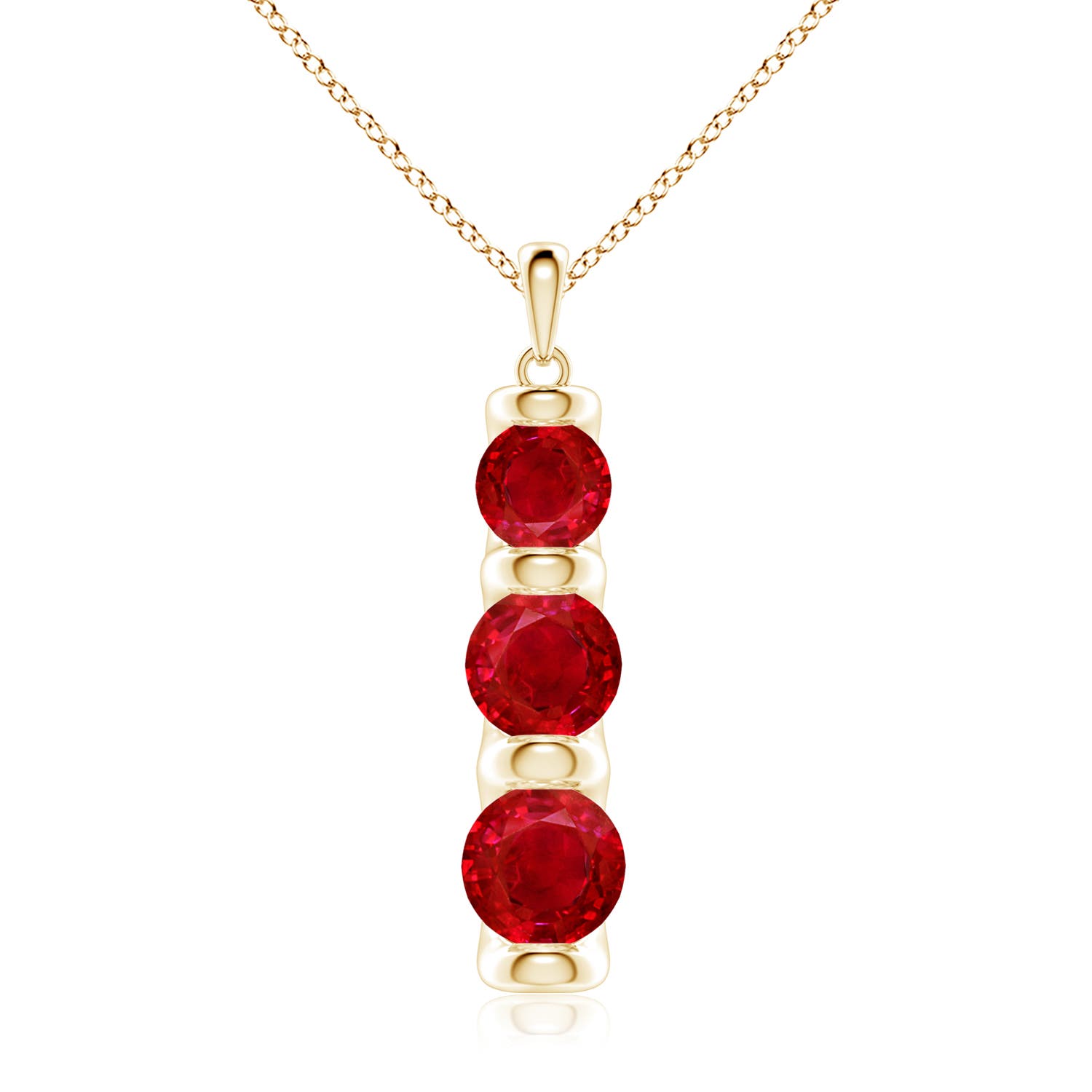 7mm AAA Three Stone Round Ruby Journey Pendant in Yellow Gold