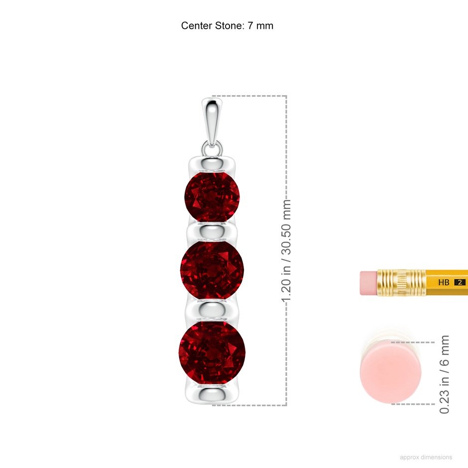 7mm AAAA Three Stone Round Ruby Journey Pendant in P950 Platinum ruler