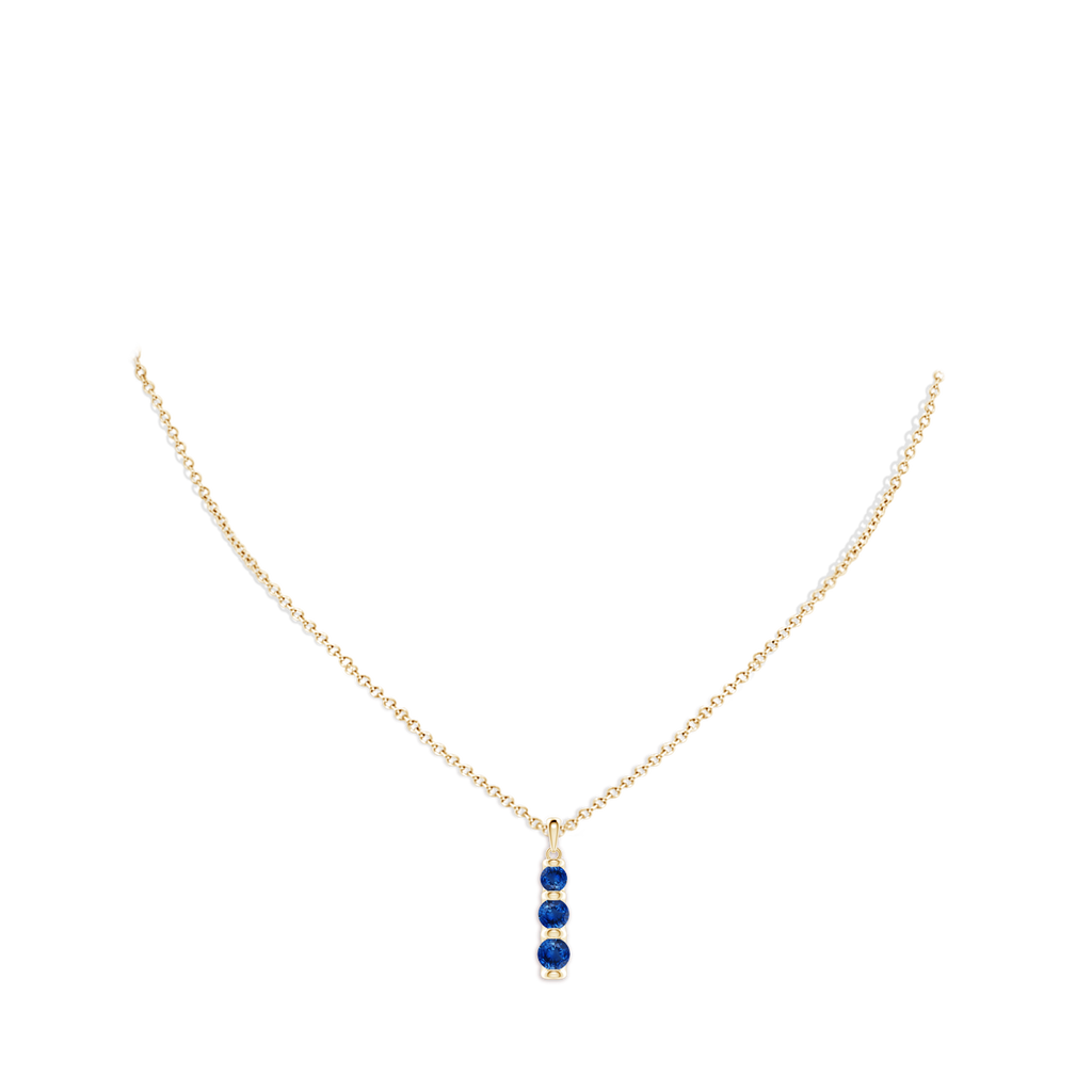 5mm AAA Three Stone Round Blue Sapphire Journey Pendant in Yellow Gold pen