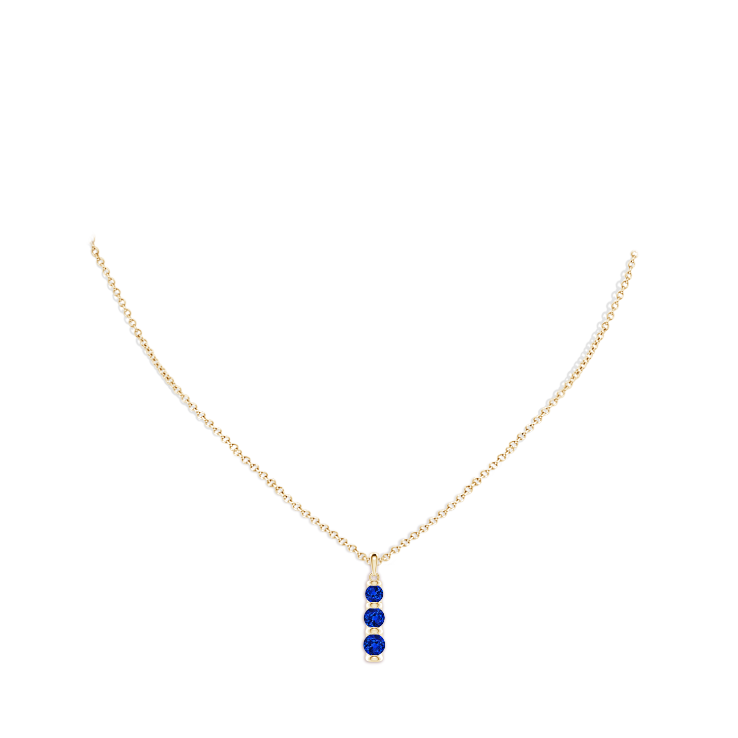 5mm AAAA Three Stone Round Blue Sapphire Journey Pendant in 18K Yellow Gold - body_neck