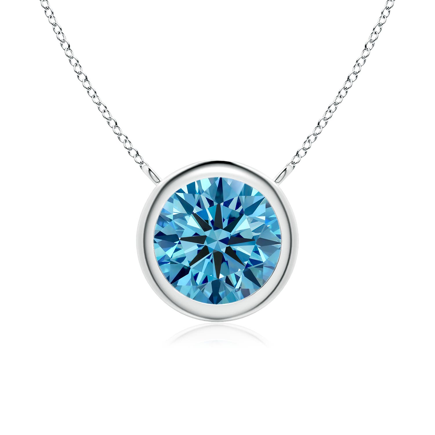 7.4mm AAAA Bezel-Set Round Fancy Intense Blue Diamond Solitaire Necklace in 18K White Gold