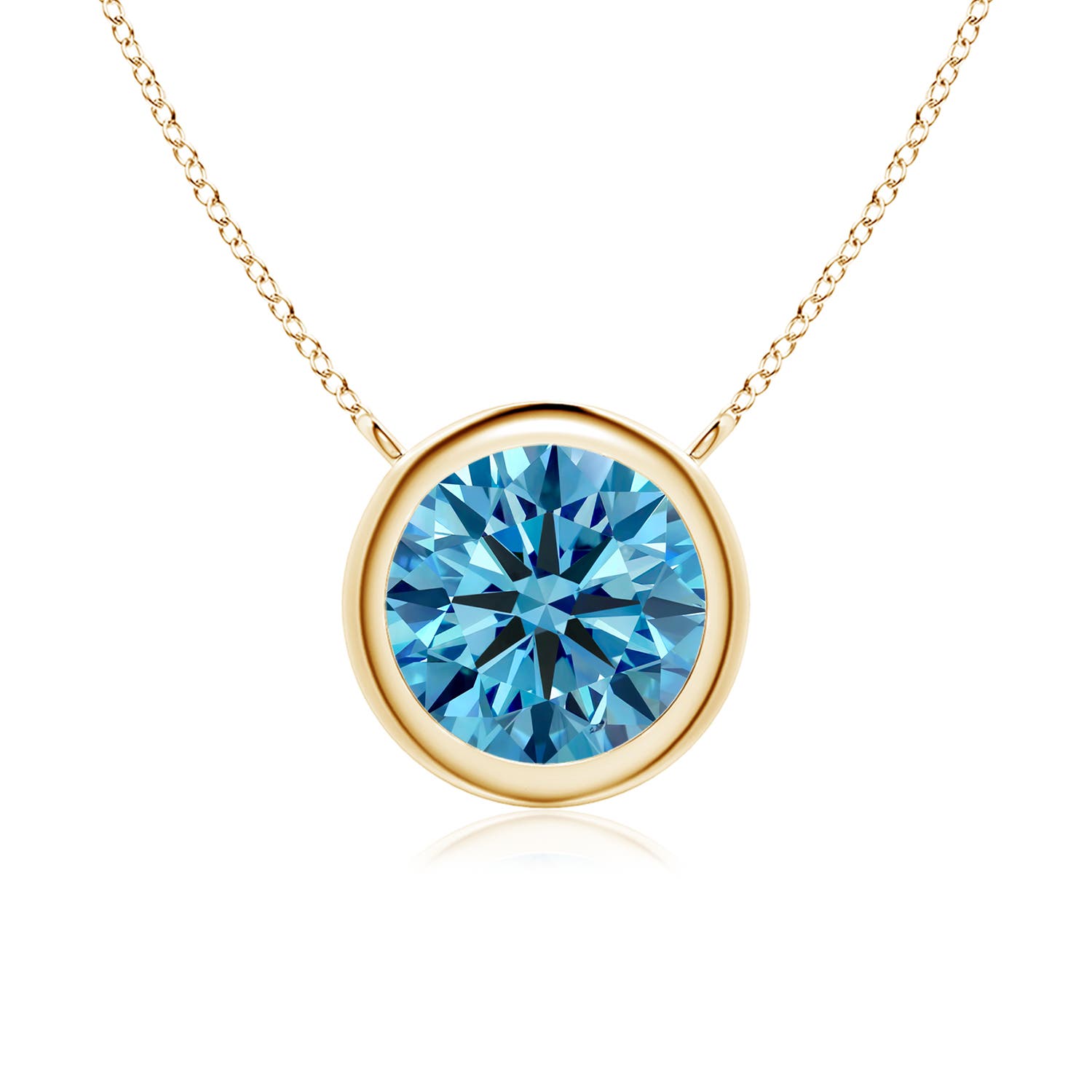 Angara 1.5 CTW Bezel-Set Round Fancy Intense Blue Diamond Solitaire Necklace in 18K Yellow Gold