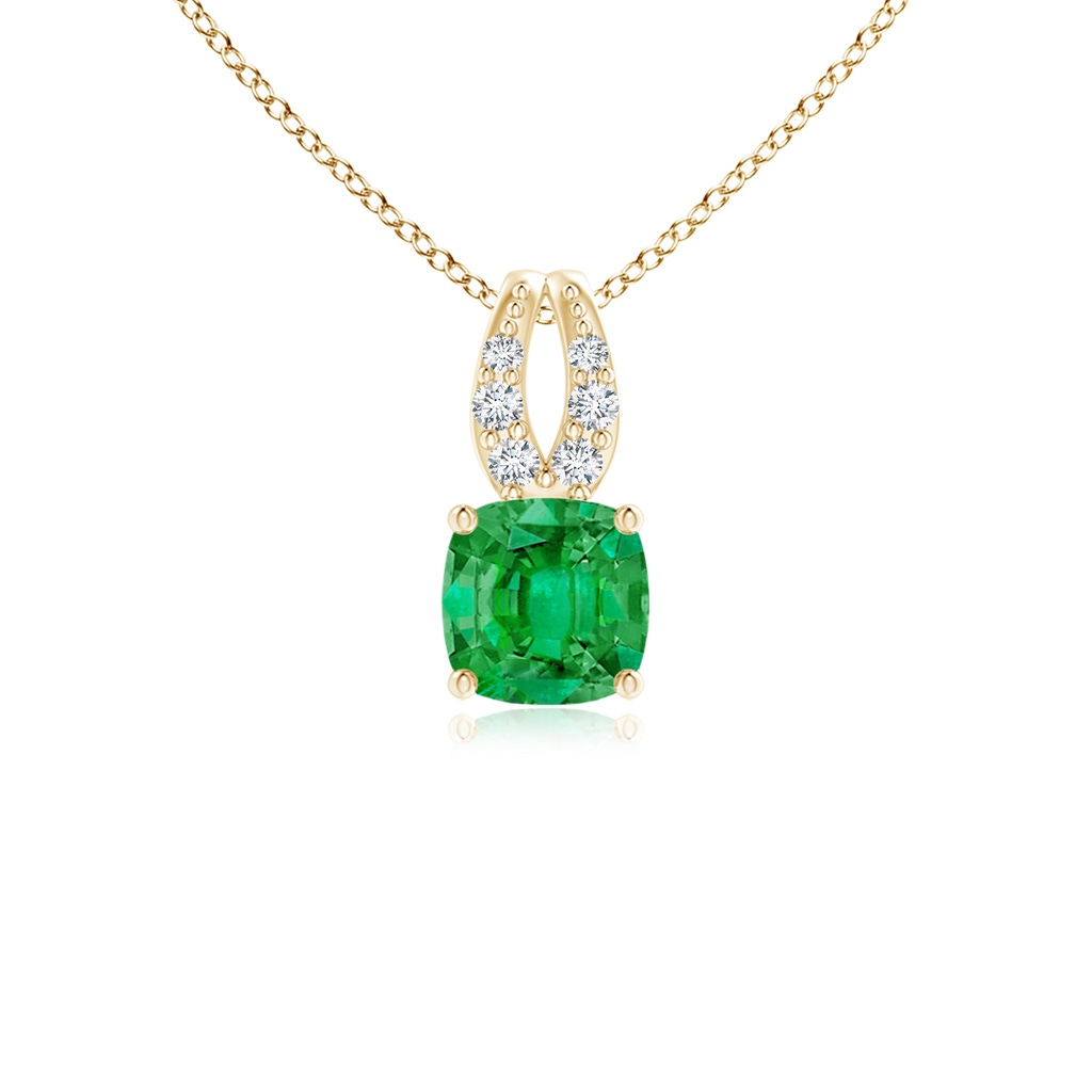 4mm AAA Cushion Emerald Pendant with Diamonds in Yellow Gold 
